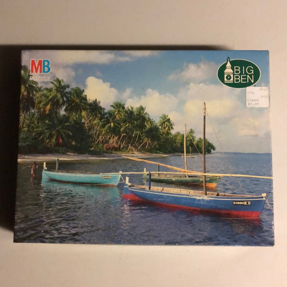 Vintage MB 1000 pc Puzzle FISHING BOATS, MALDIVES #4962-20 Tropical Ocean